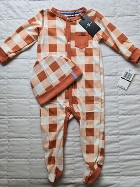 Baby One-Piece Footed Pajamas with Matching Hat - Orange Check